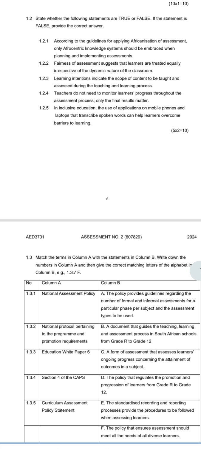  )=(10 1.2 State whether the following statements are TRUE or FALSE.