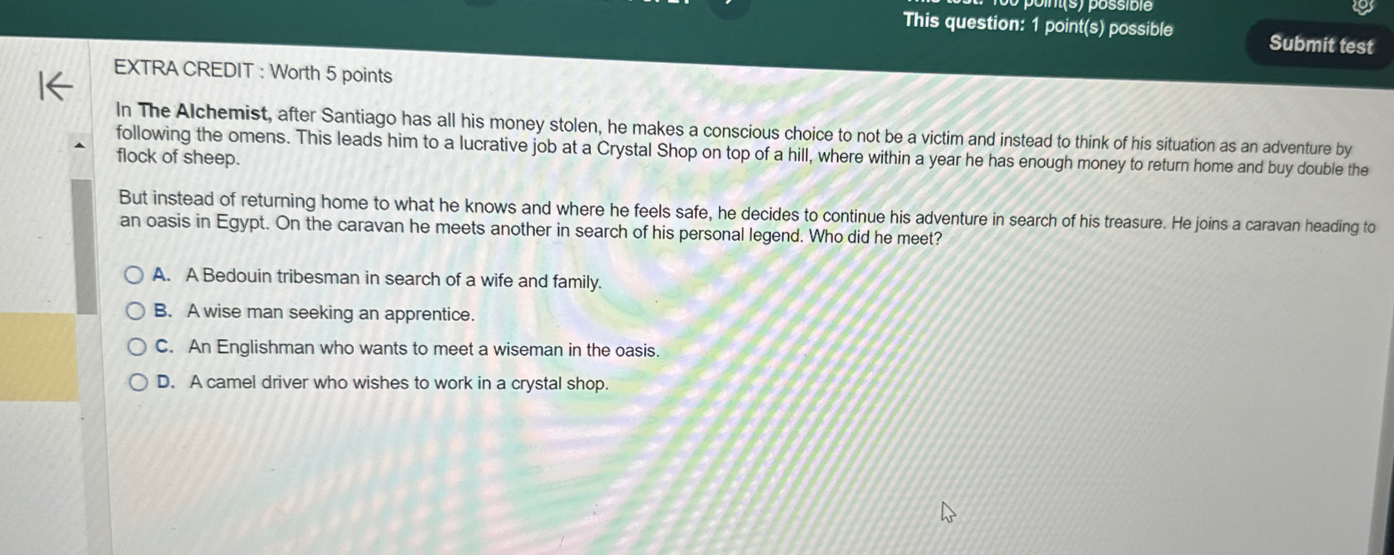  This question: 1 point(s) possible EXTRA CREDIT: Worth 5 points In