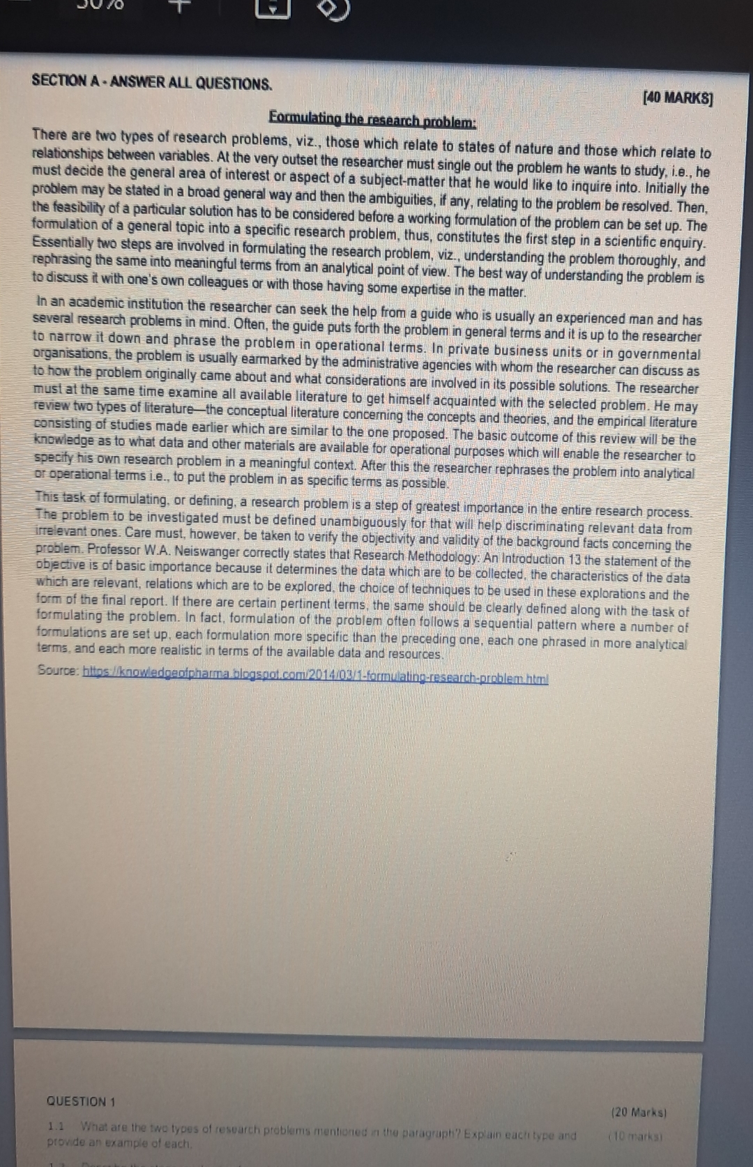  -SECTIONA- ANSWER ALL QUESTIONSEormulating the research oroblem:There are two types of