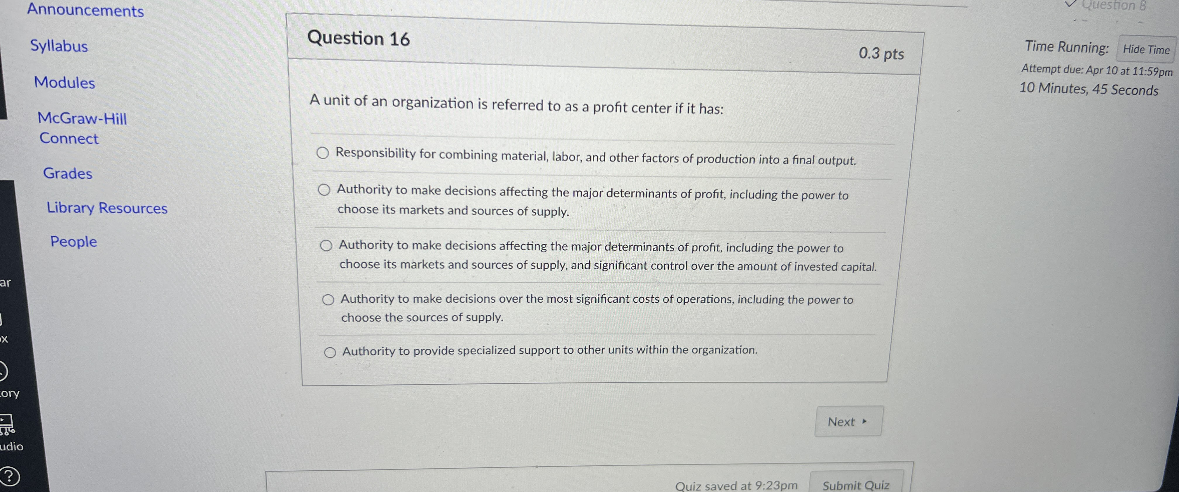  Announcements Syllabus Modules McGraw-Hill Connect Grades Library Resources People Question 16