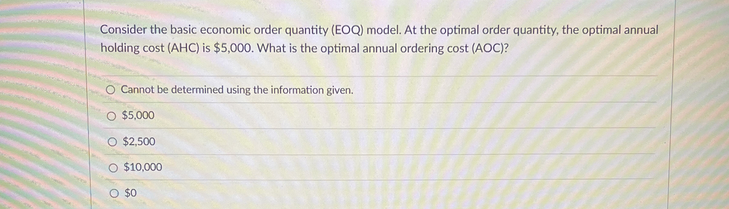  Consider the basic economic order quantity (EOQ) model. At the optimal