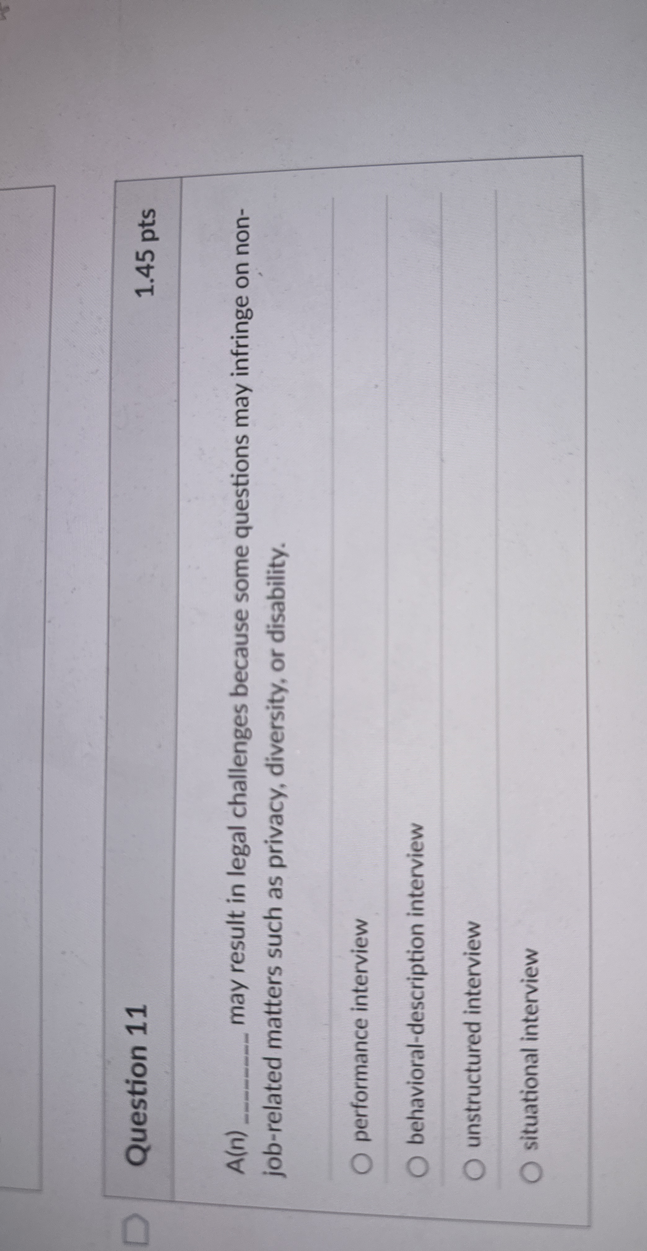  Question 11 1.45 pts A(n) may result in legal challenges because