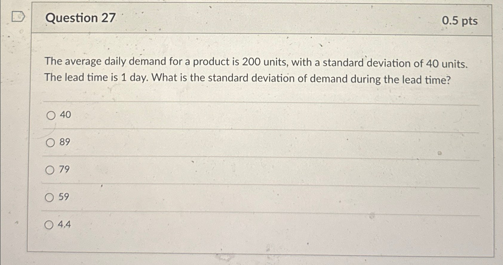  Question 27 0.5pts The average daily demand for a product is