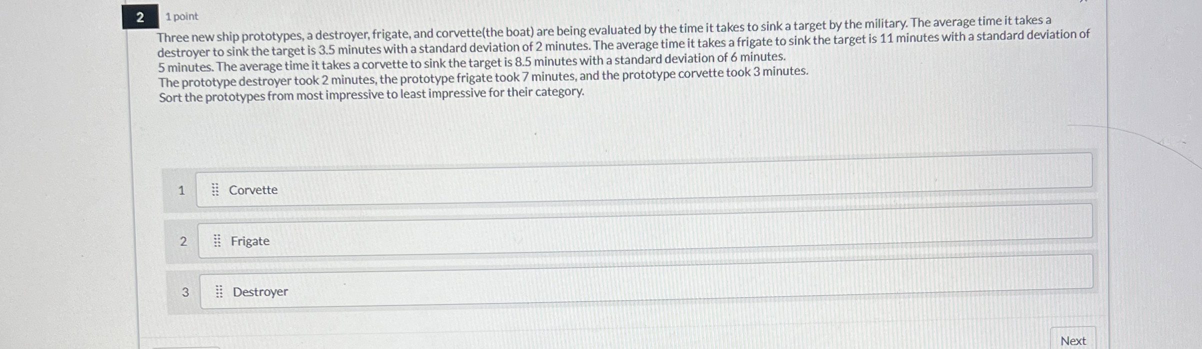  1 point Three new ship prototypes, a destroyer, frigate, and corvette(the