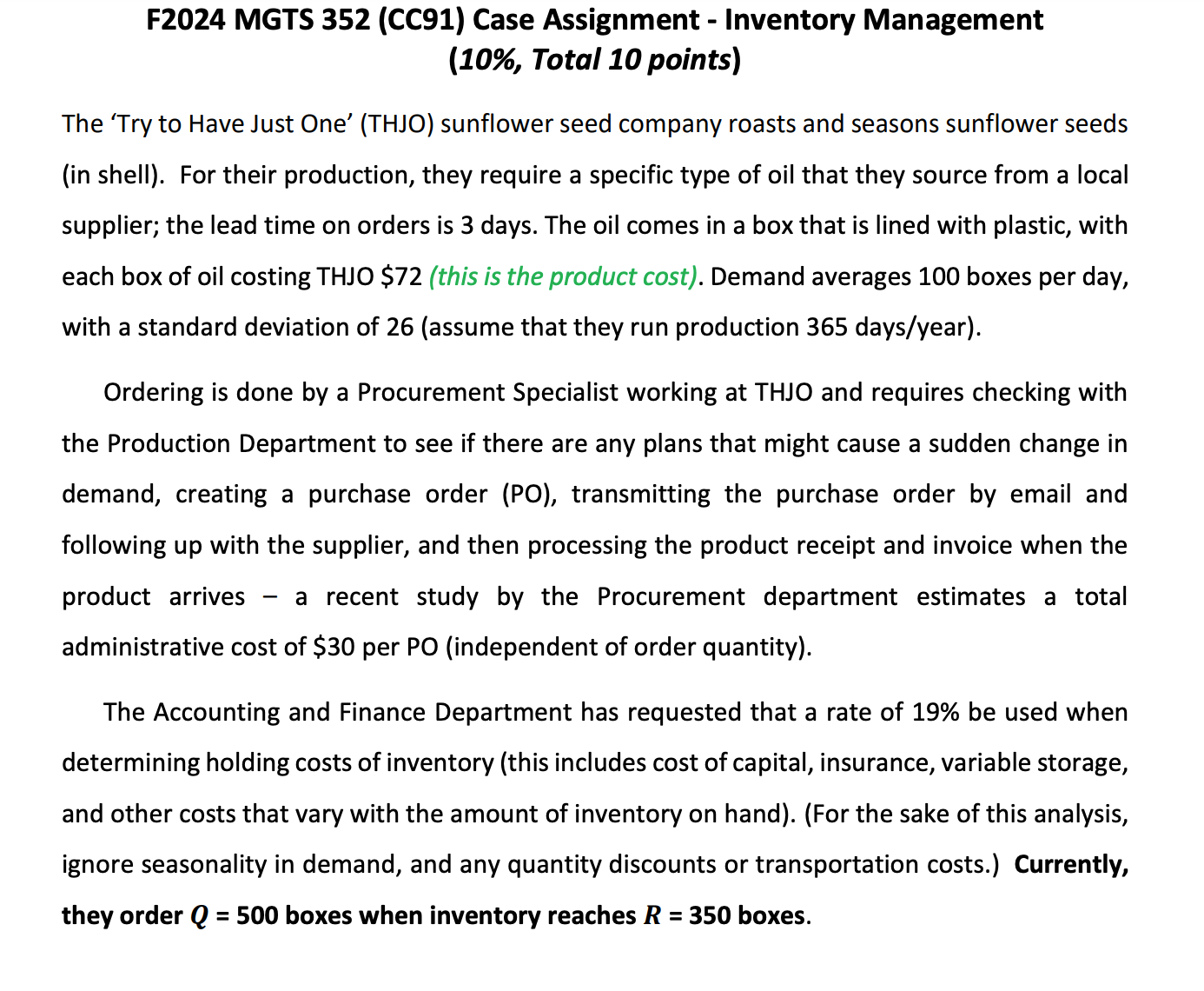  F2024 MGTS 352(CC91) Case Assignment - Inventory Management (10\%, Total 10