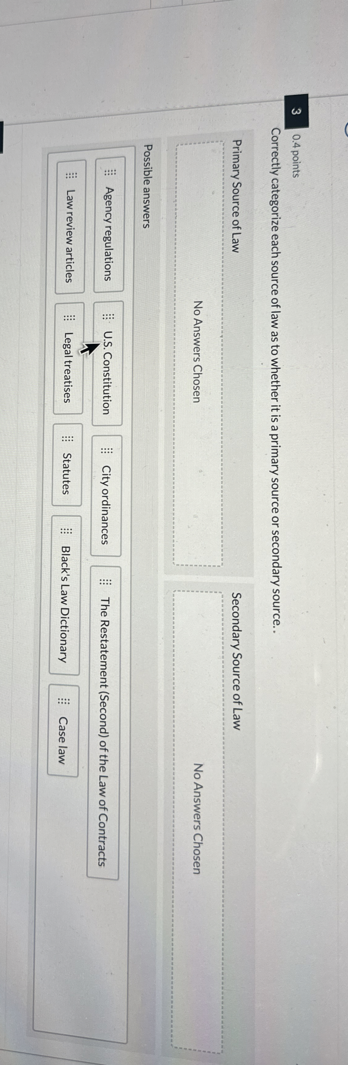  3 0.4 points Correctly categorize each source of law as to