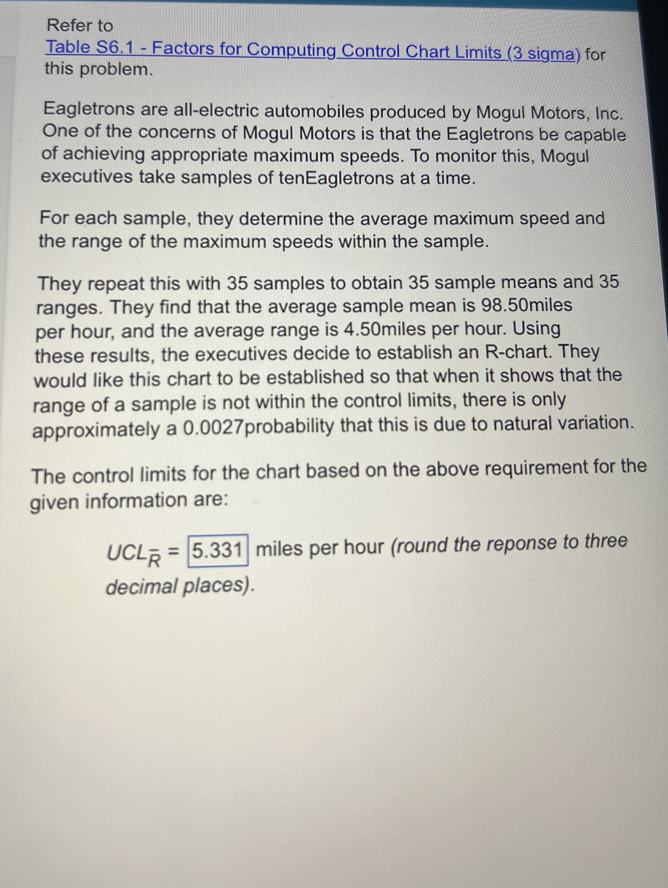  Refer to Table S6.1- Factors for Computing_Control Chart Limits (3 sigma)