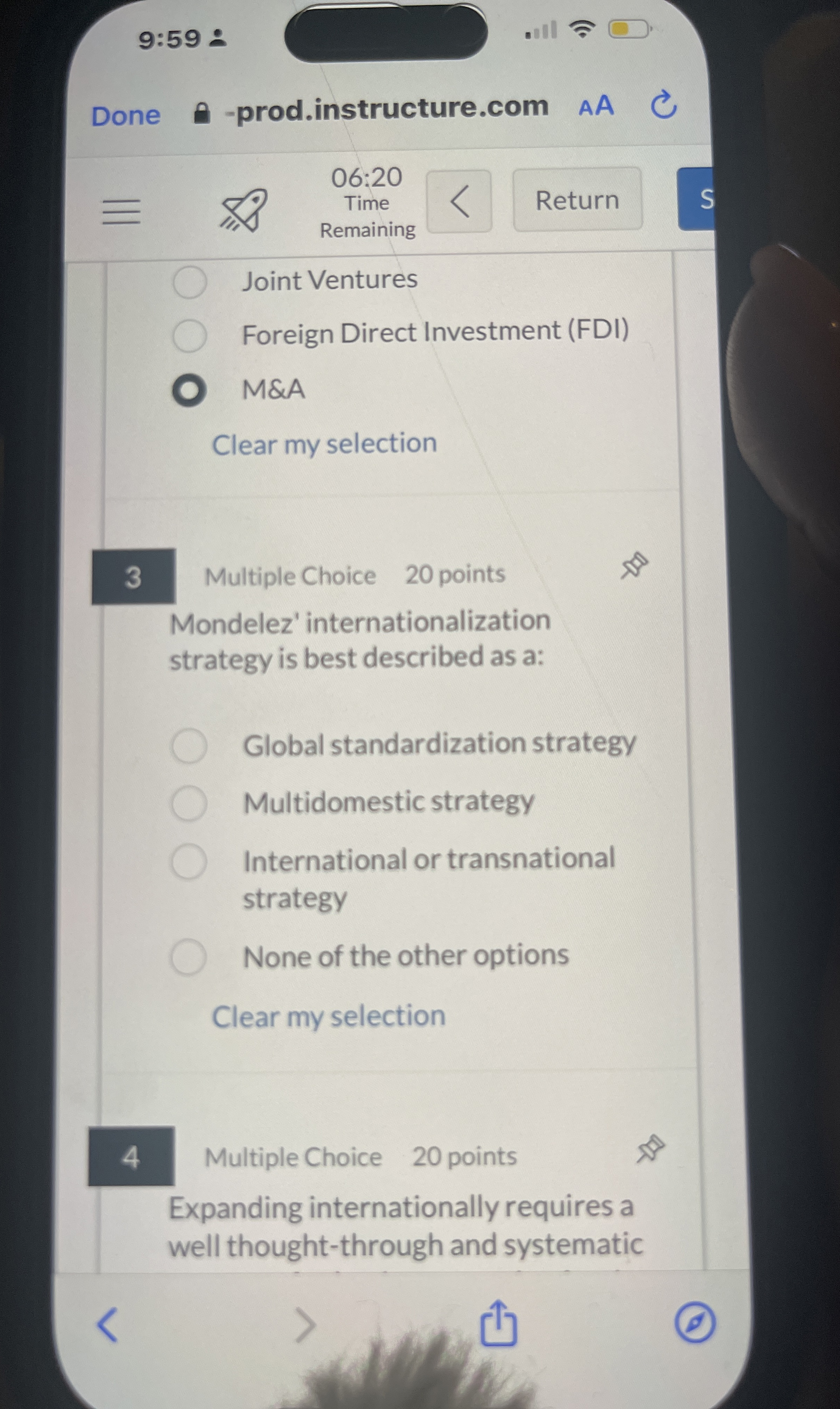  9:59: Done -prod.instructure.com AA 06:20 Time Remaining Joint Ventures Foreign Direct