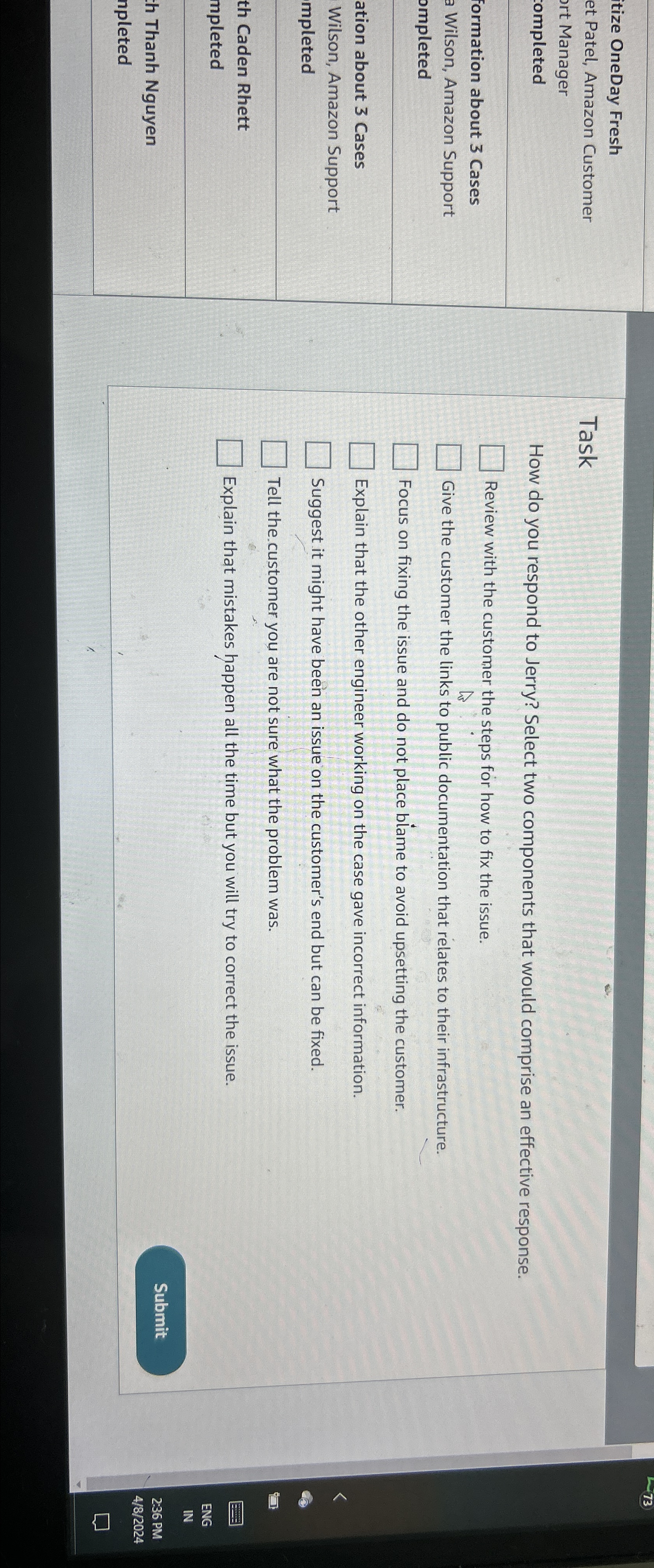  tize OneDay Fresh et Patel, Amazon Customer Task How do you