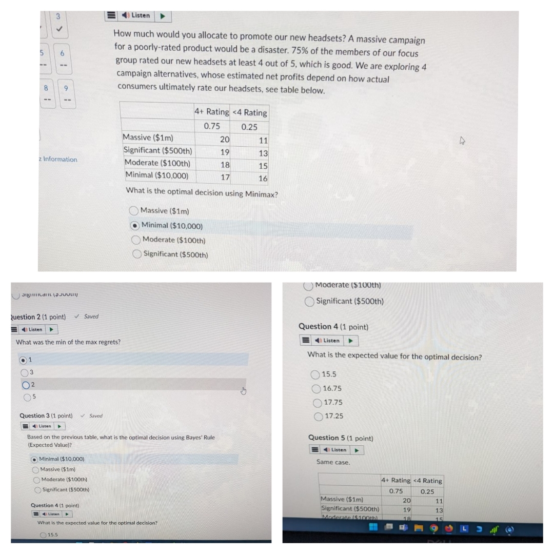  Question 2(1 point)ListenInformationO1What was the min of the maX regrets?Question 3(1