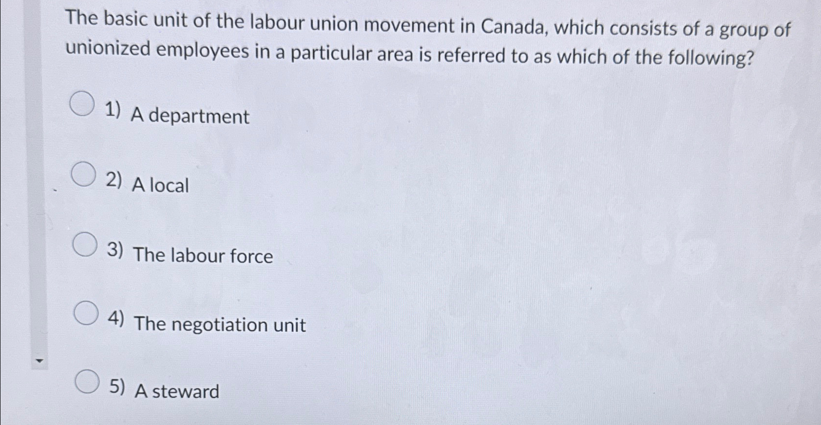  The basic unit of the labour union movement in Canada, which