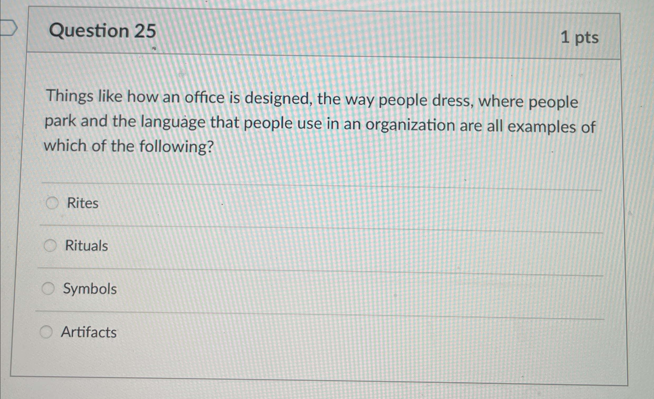  Question 25 1 pts Things like how an office is designed,