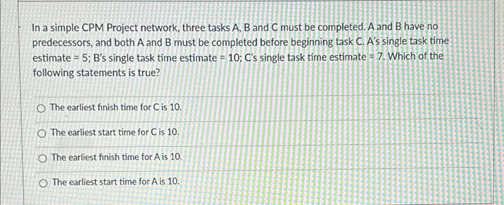 In a simple CPM Project network, three tasks A, B and