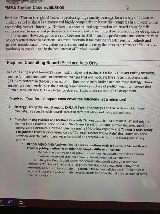 FMBA Timken Case Evaluation Problem: Timken is a