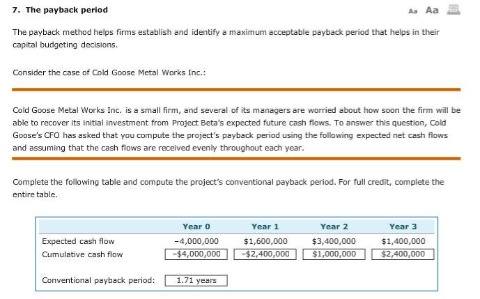 7. The payback period Aa Aa The payback method