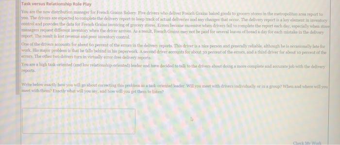 Task versus Relationship Role Play You are the