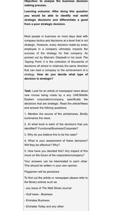 Objective: to analyze the business decision