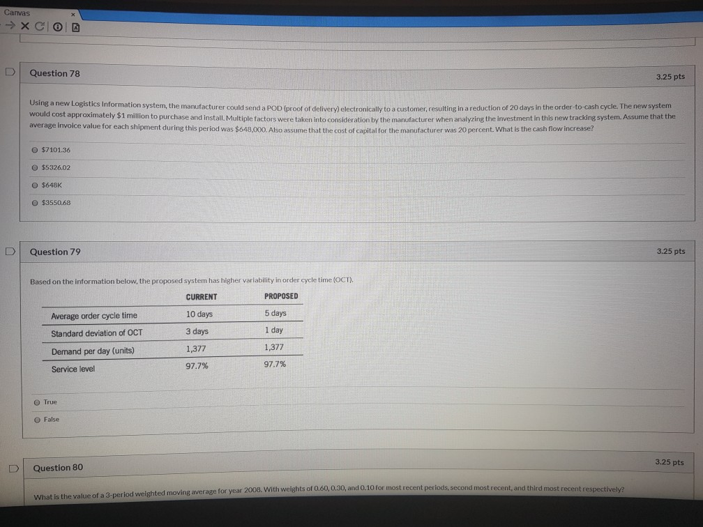 Canvas XCO Question 78 3.25 pts Using a new