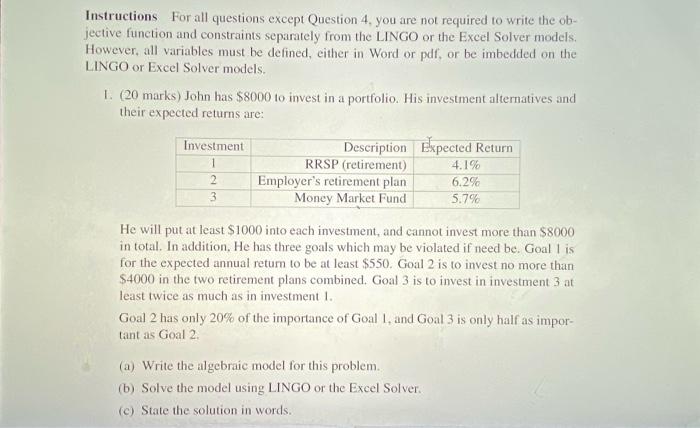 Instructions For all questions except Question 4.