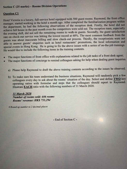 Section C (25 marks) - Rooms Division Operations