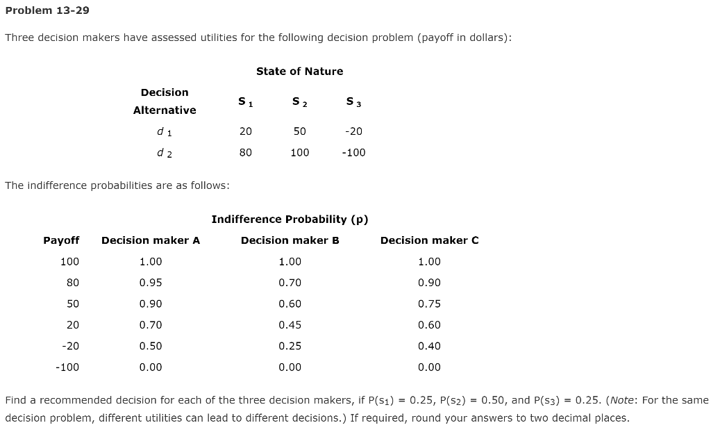 Problem 13-29 Three decision makers have assessed
