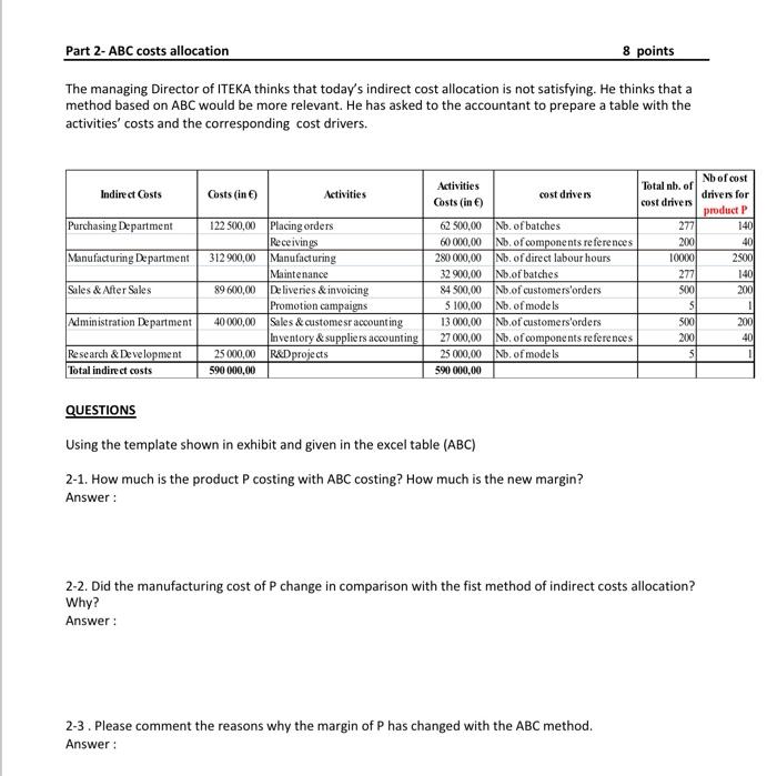 Part 2- ABC costs allocation 8 points The