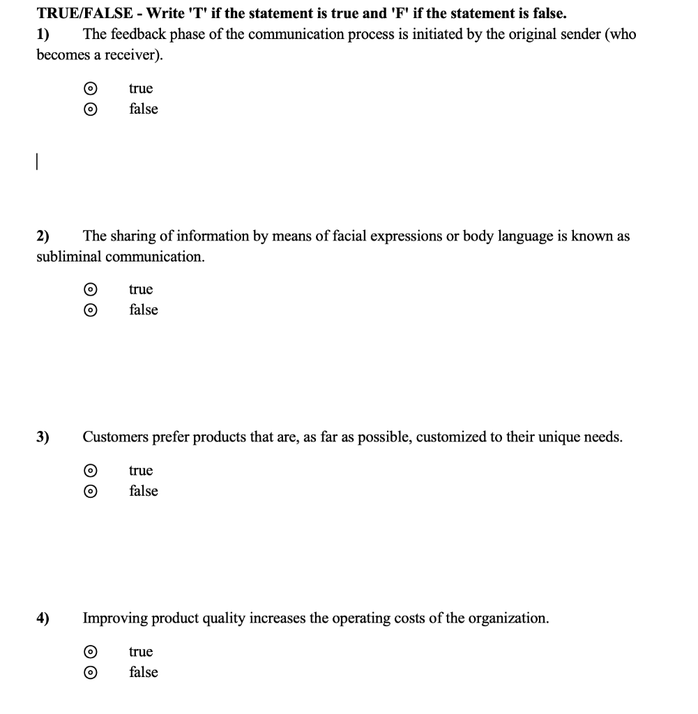 TRUE/FALSE - Write 'T' if the statement is true