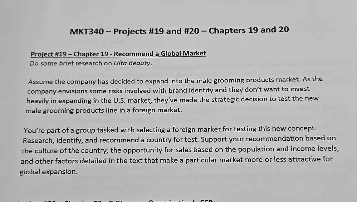 MKT 3 4 0 - Projects # 1 9 and # 2 0 - Chapters 1