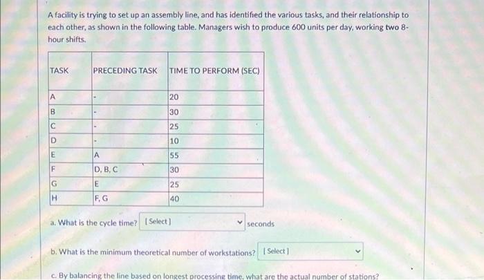 A facility is trying to set up an assembly line,