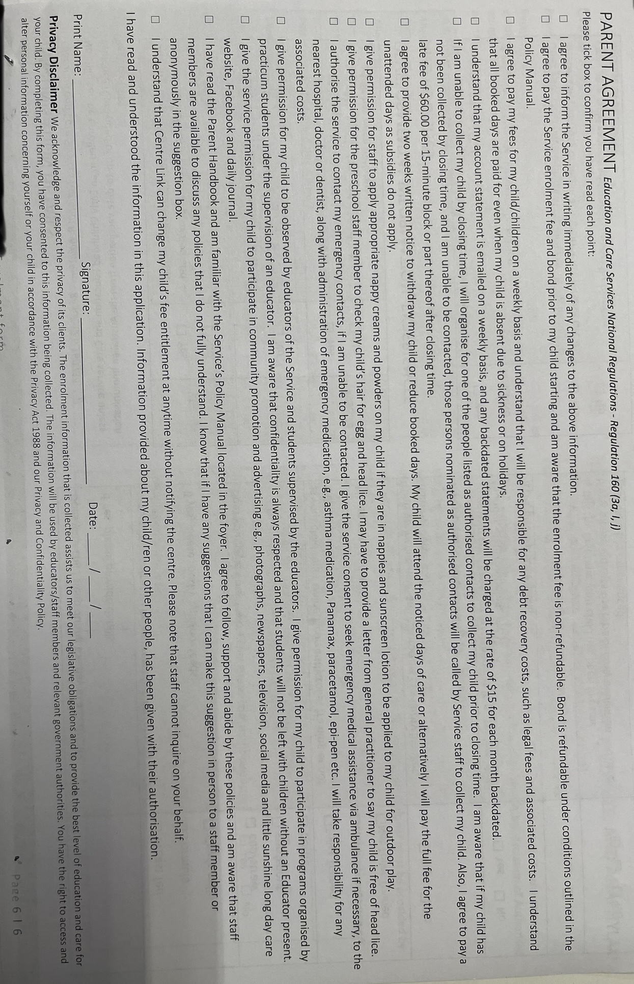 PARENT AGREEMENT Education and Care Services