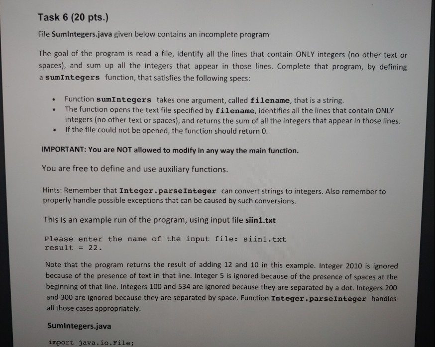 Help. Task 6 (20 pts.) File Sumintegers.java