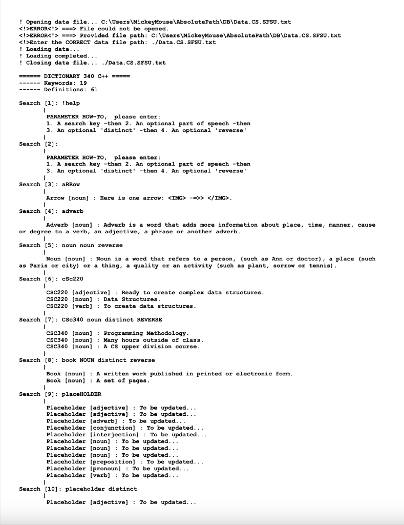 Need help on implementing a Dictionary project on
