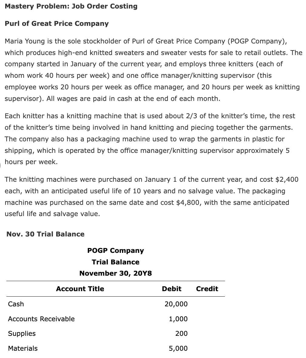 Mastery Problem: Job Order Costing Purl of Great