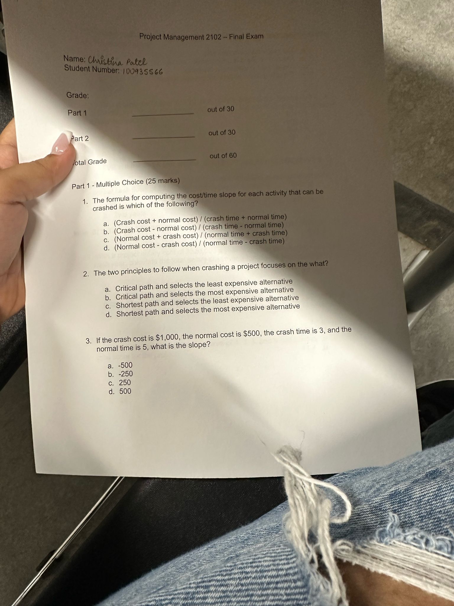 Project Management 2 1 0 2 - Final Exam Name: