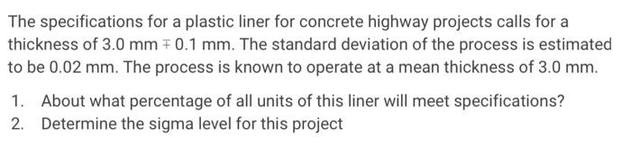 The specifications for a plastic liner for