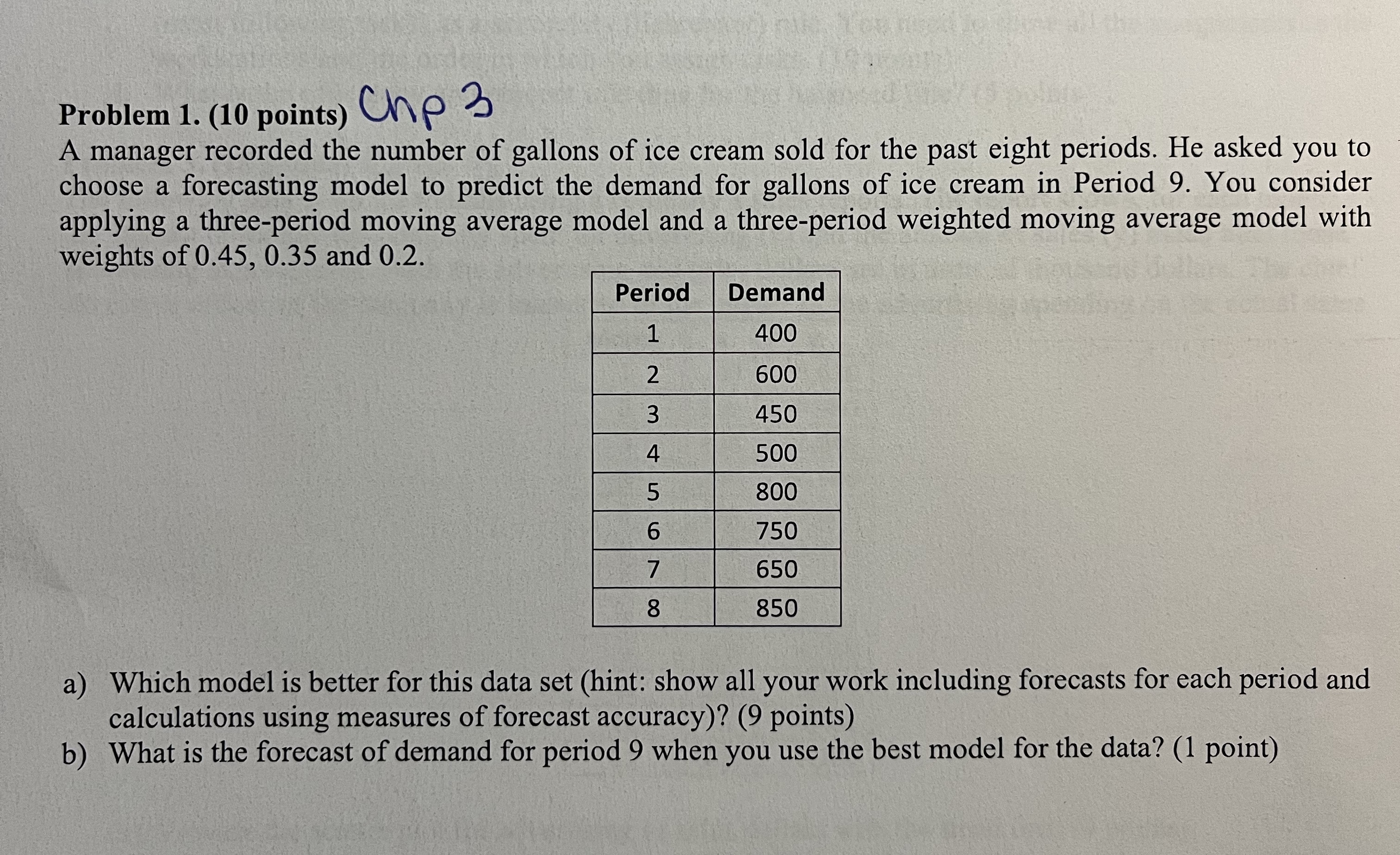 Problem 1 . ( 1 0 points ) Chp 3 A manager