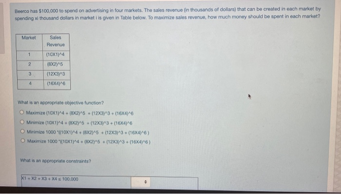 Beerco has $100,000 to spend on advertising in