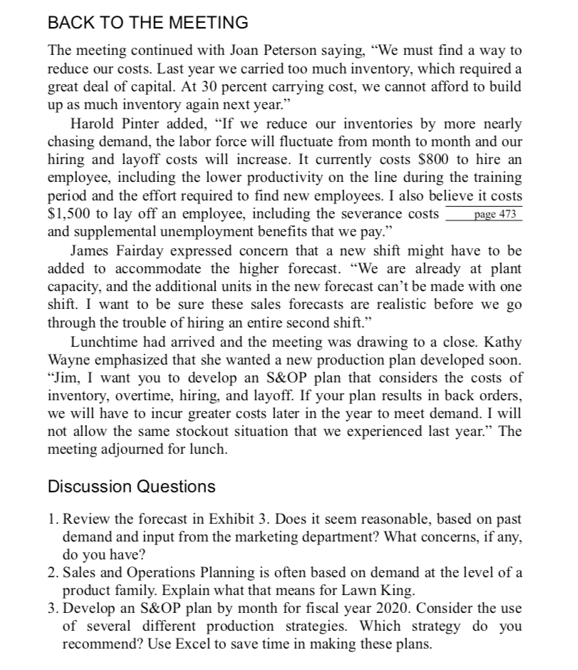 Question: Develop an S&OP plan by month for