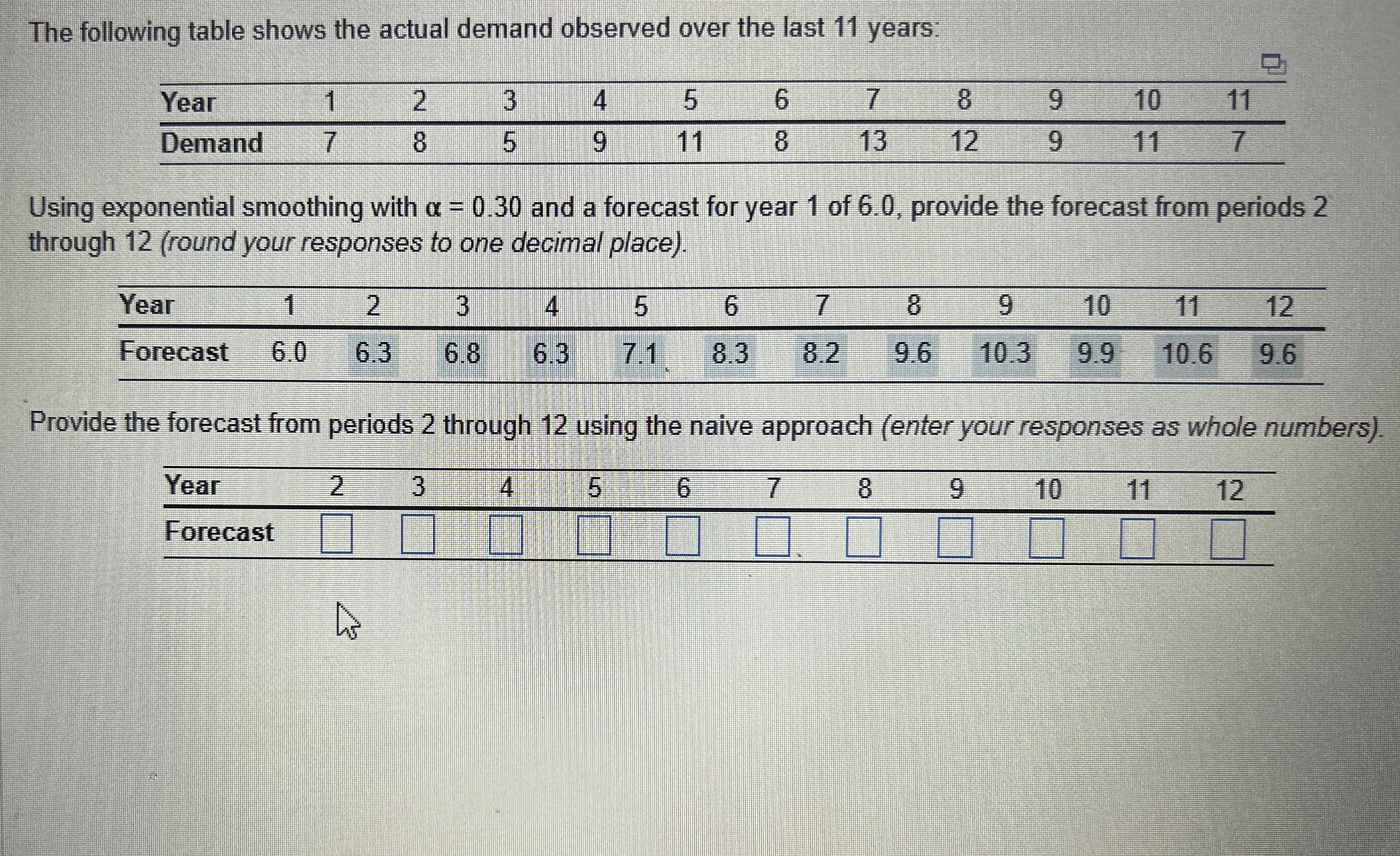 Provide the forecast from periods 2 through 1 2