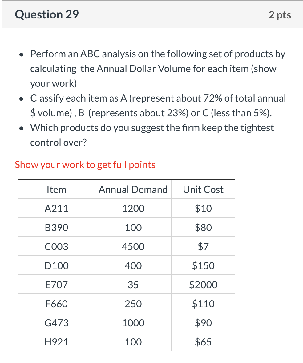 Question 29 2 pts Perform an ABC analysis on the