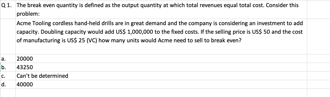 Q1. The break even quantity is defined as the