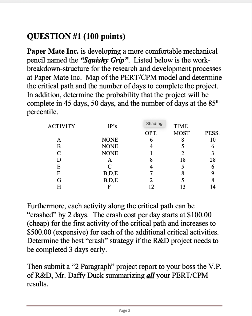 QUESTION #1 (100 points) Paper Mate Inc. is