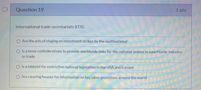 Question 19 1 pts International trade
