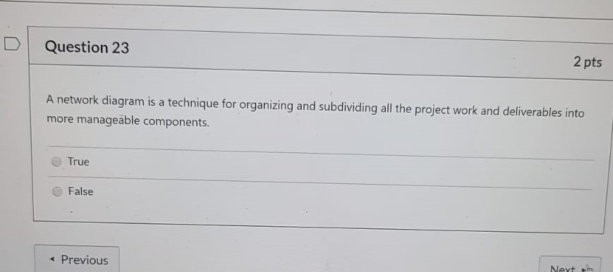 Question 23 2 pts A network diagram is a