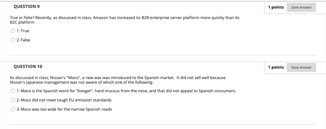 QUESTION 9 1 points Save Answer True or False?