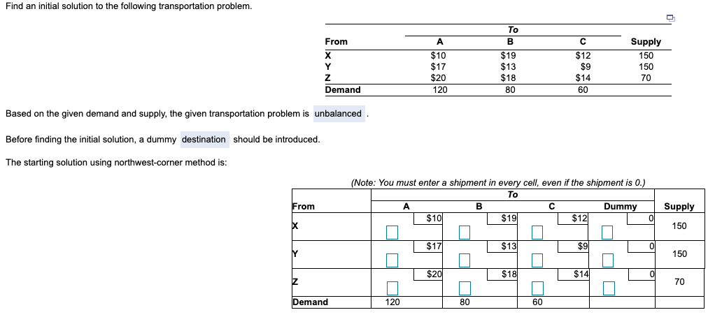 Find an initial solution to the following