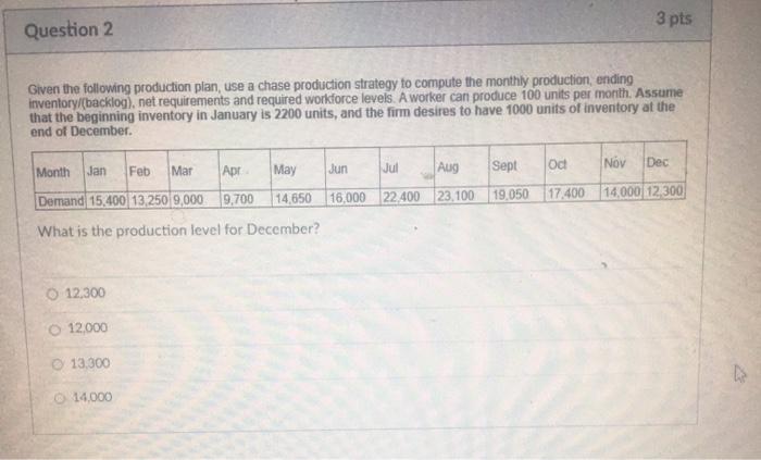 3 pts Question 2 Given the following production