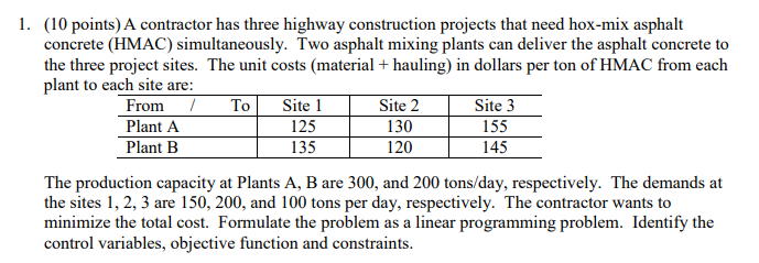1. (10 points) A contractor has three highway