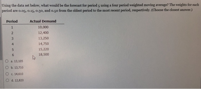 Using the data set below, what would be the