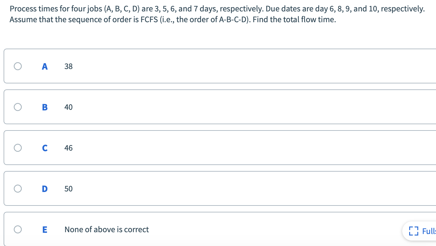 Process times for four jobs (A, B, C, D) are 3,